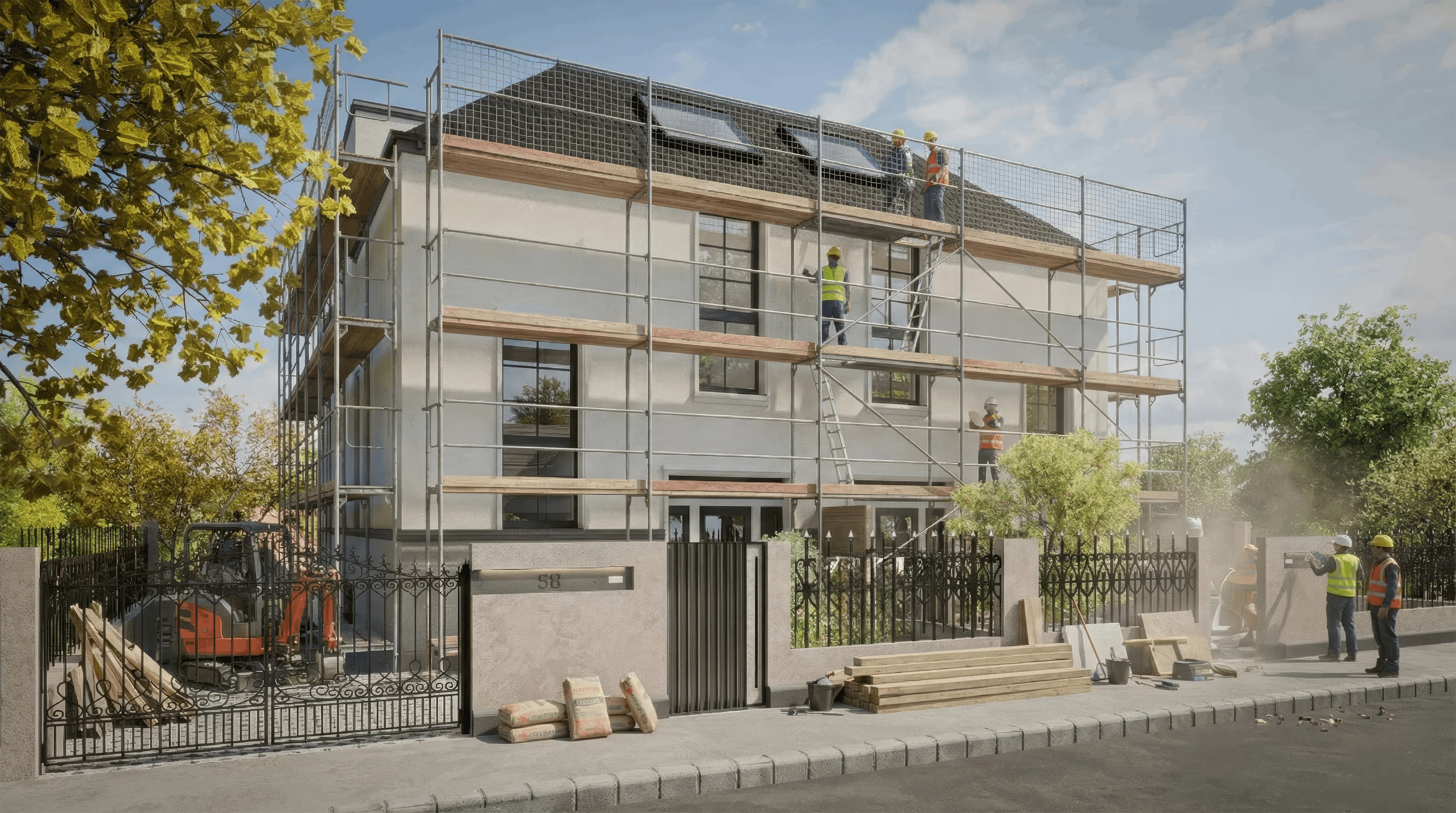 Haus in Bau mit Gerüst, mehreren Arbeitern in Schutzkleidung und Baumaterial vor dem Grundstück.