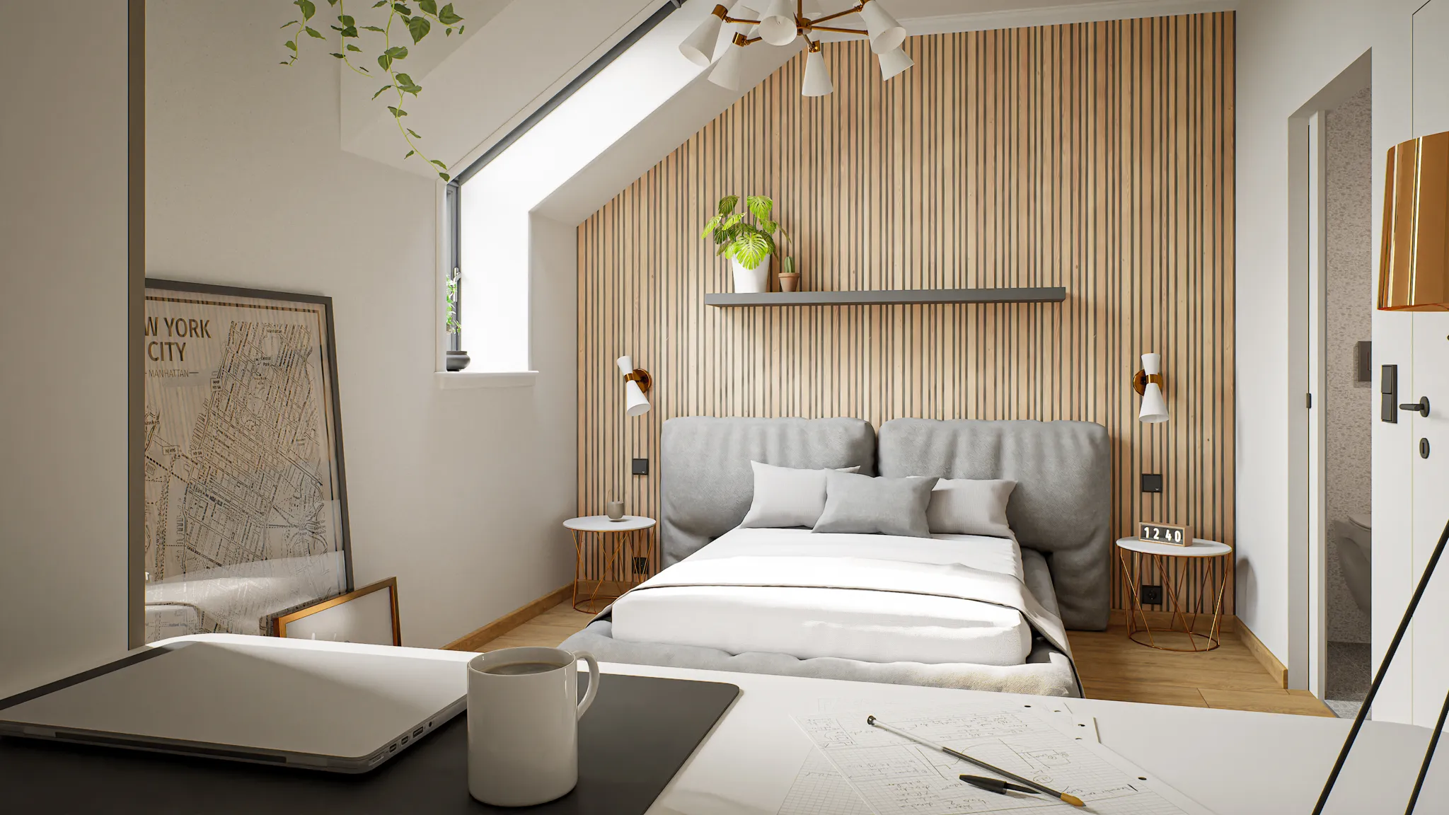 Modernes Schlafzimmer mit grauem Bett, zwei Nachttischen, hölzerner Wandvertäfelung und Arbeitsbereich mit Laptop und Kaffeetasse.