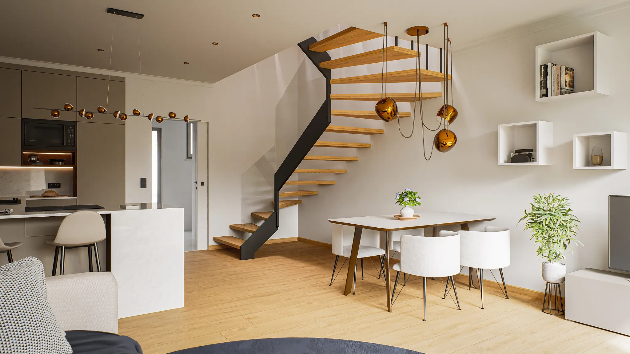 Modernes Wohnzimmer mit offener Küche, hölzerner Wendeltreppe, weißem Esstisch mit Stühlen und Hängebeleuchtung.