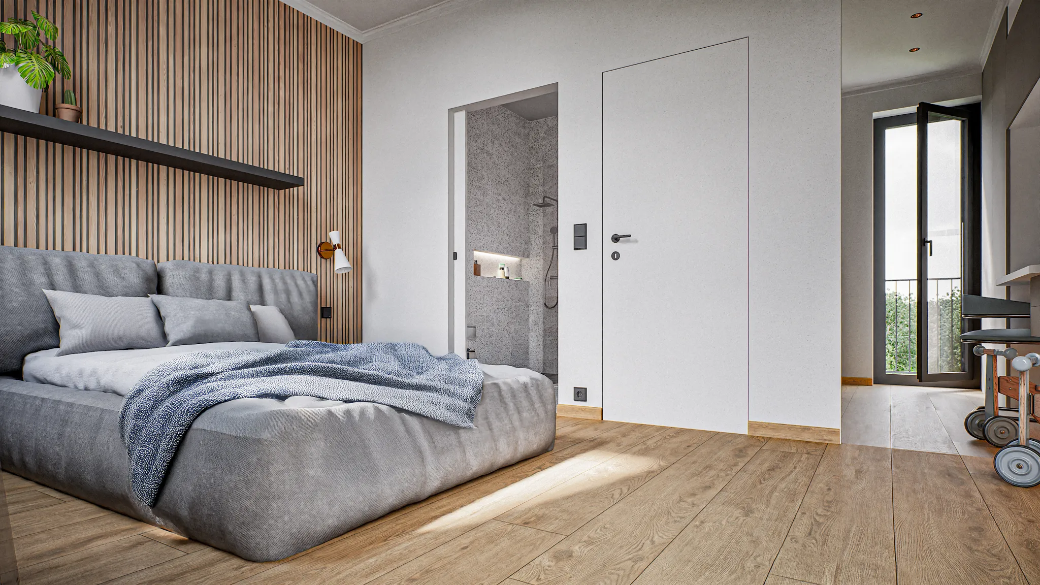Modernes Schlafzimmer mit grauem Stoffbett, Holzwandverkleidung, offenem Badezimmer und einem Balkon mit Glastür.
