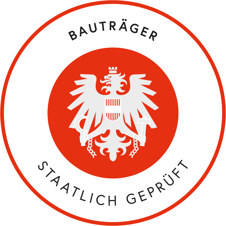 Rundes rotes Siegel mit weißem österreichischem Doppeladler und Text 'Bauträger staatlich geprüft'.