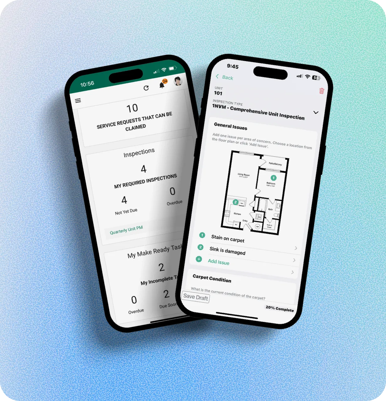 Two screens from the NetVendor mobile app showing the dashboard and a unit inspection with floor plan issue mapping