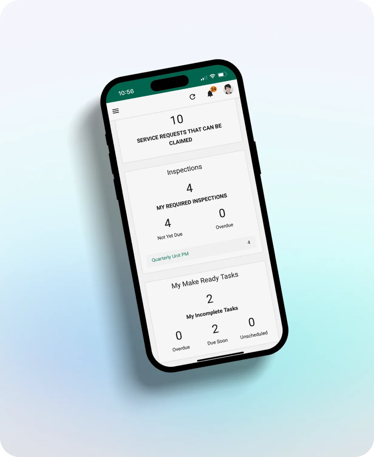 NetVendor mobile app dashboard showing service requests, inspections, and make ready task counts