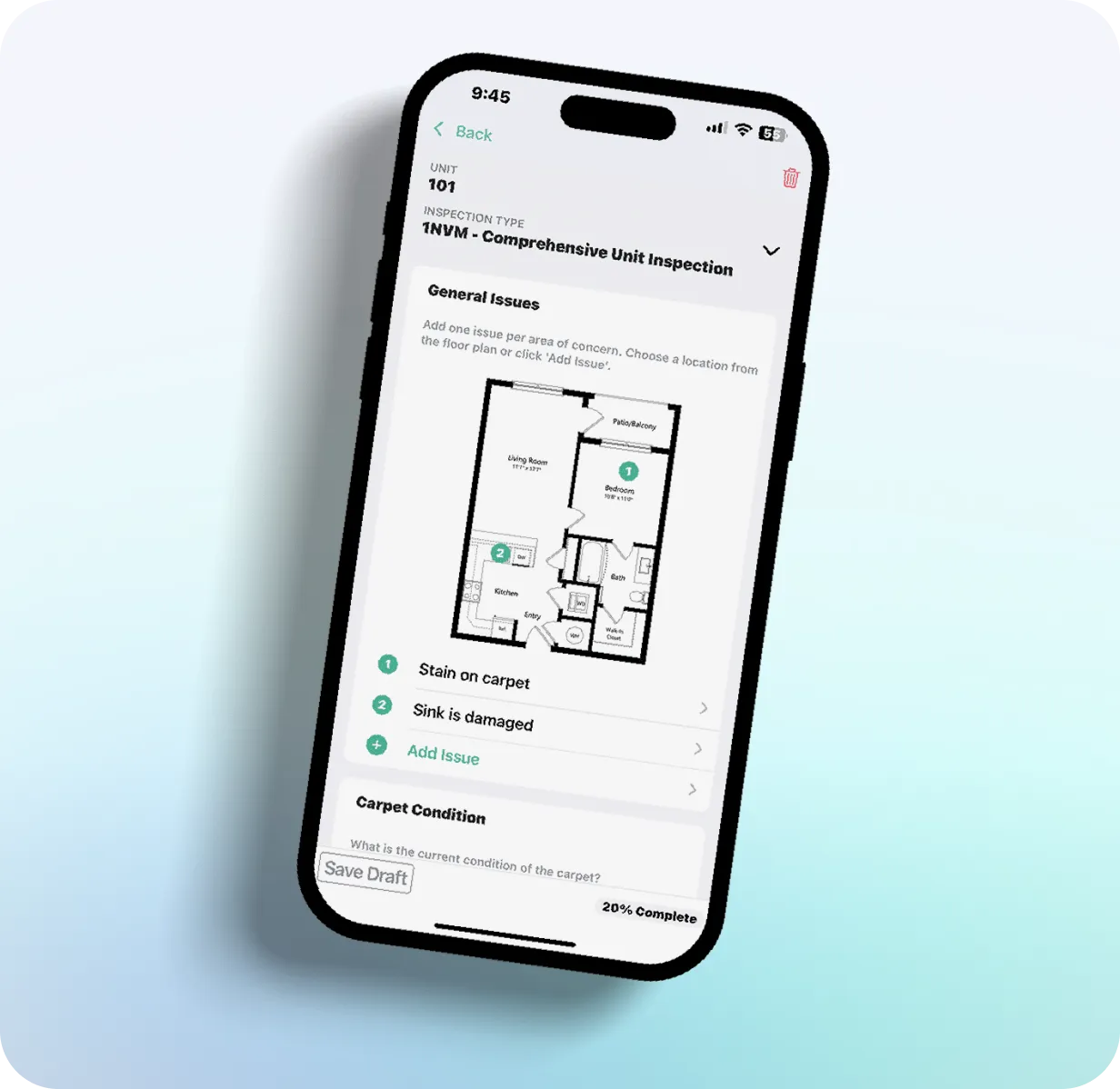 NetVendor mobile app unit inspection screen showing floor plan issue mapping and Add Issue action