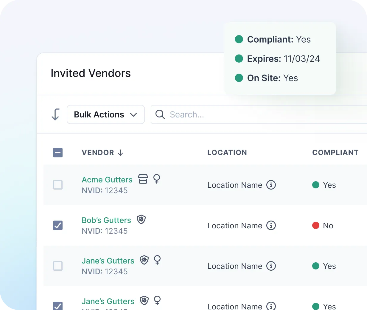 Invited Vendors list in NetVendor showing vendor compliance status and bulk action controls