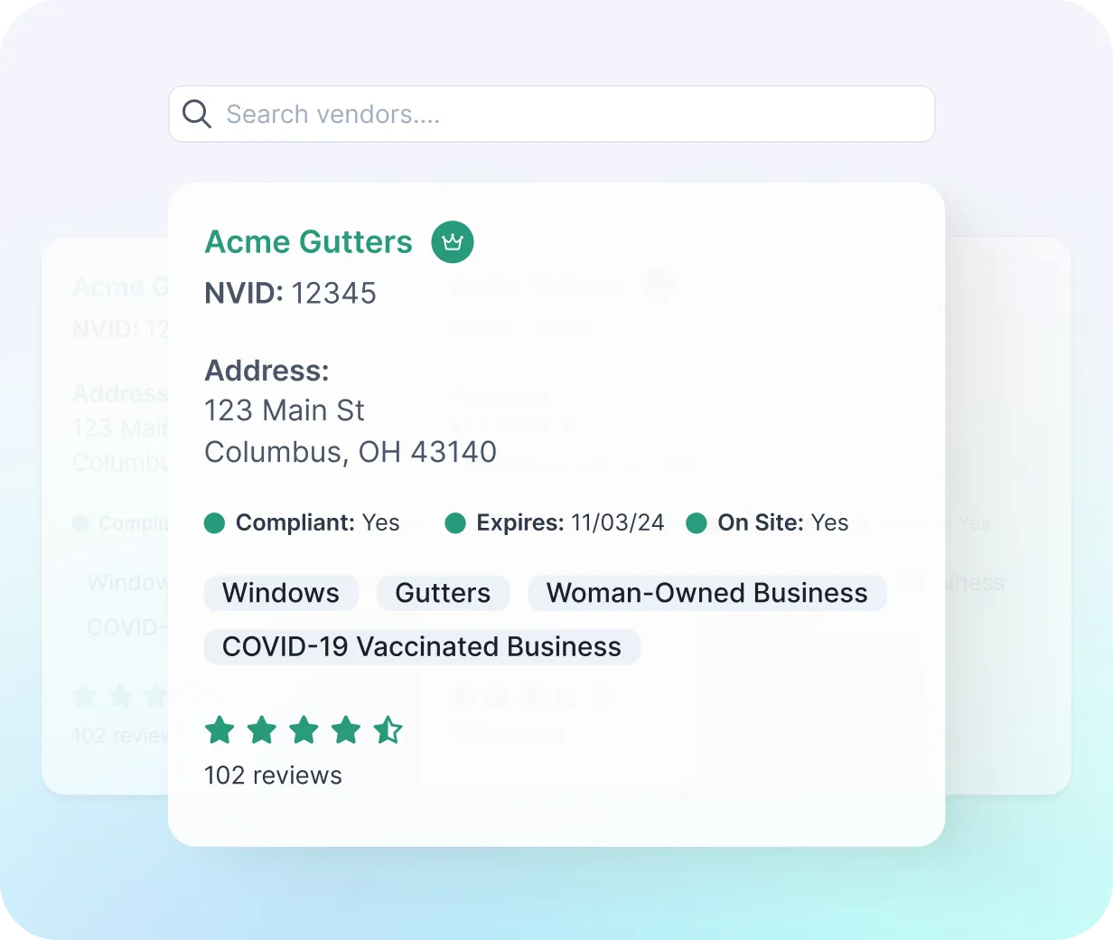 NetVendor vendor profile card showing compliance status, service tags, and ratings