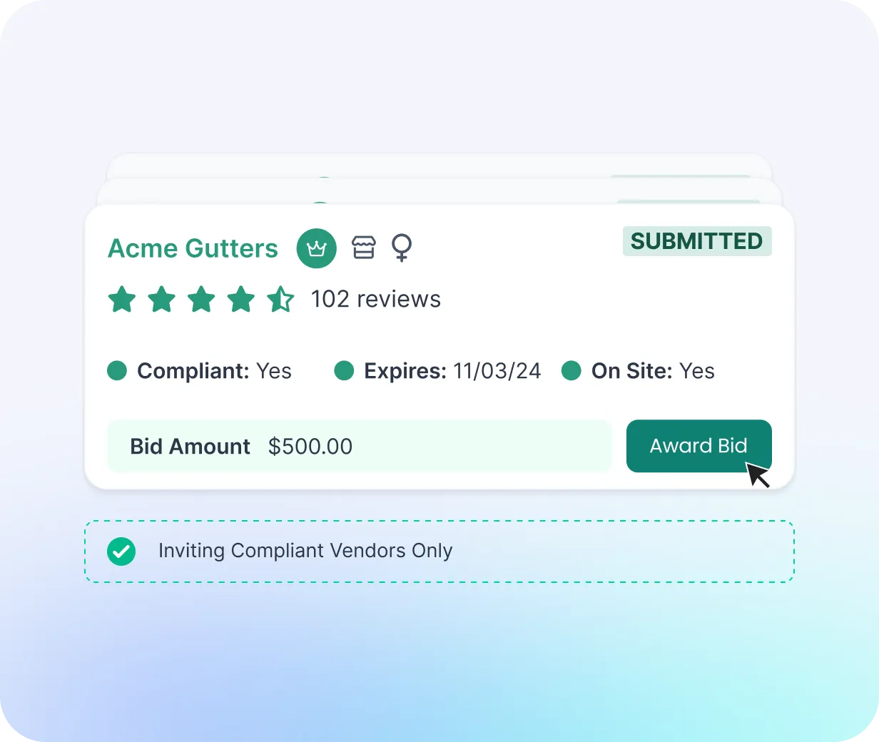 NetVendor bid review screen showing vendor compliance status, bid amount, and Award Bid action