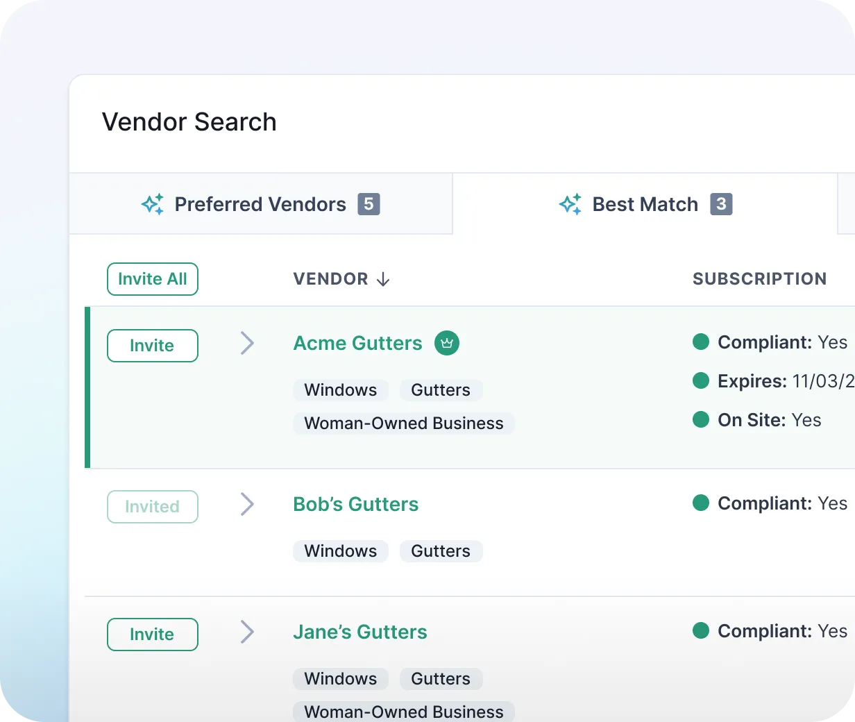 NetVendor vendor search showing preferred vendors and best match results with compliance status, services, and option to invite vendors to a bid