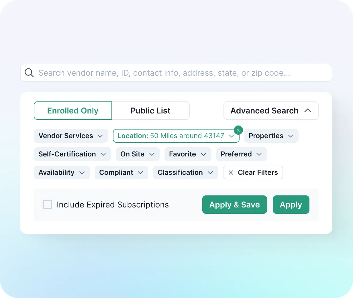 NetVendor advanced vendor search with filters for location, services, compliance status, availability, and vendor classification