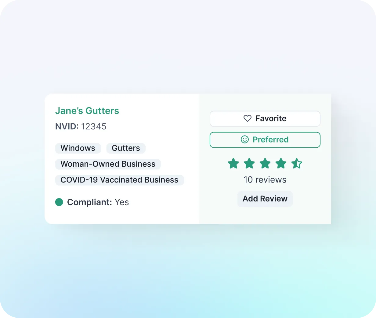 NetVendor vendor profile card showing compliance status, services, DEI certifications, ratings, and preferred vendor designation