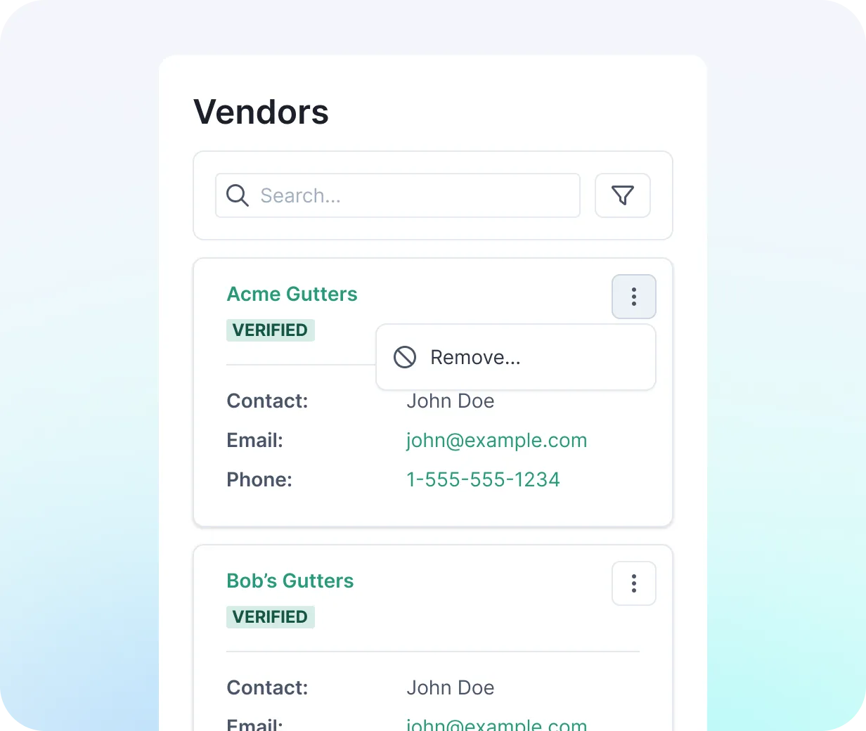 NetVendor vendor list showing verified vendors with contact details and option to remove a vendor