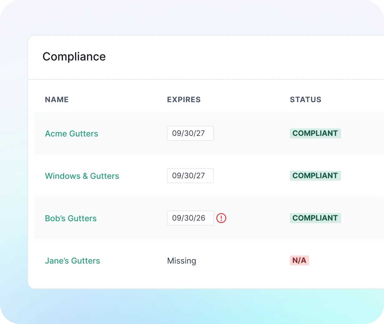 NetVendor compliance dashboard showing vendor COI expiration dates and compliance status including expiring and missing certificates
