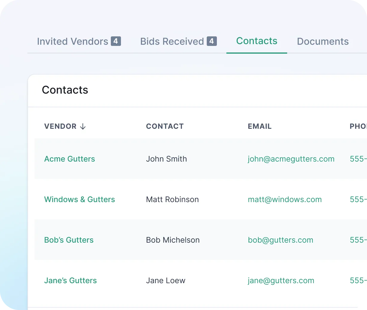 NetVendor bid project contacts tab showing vendor contact names and email addresses for invited vendors