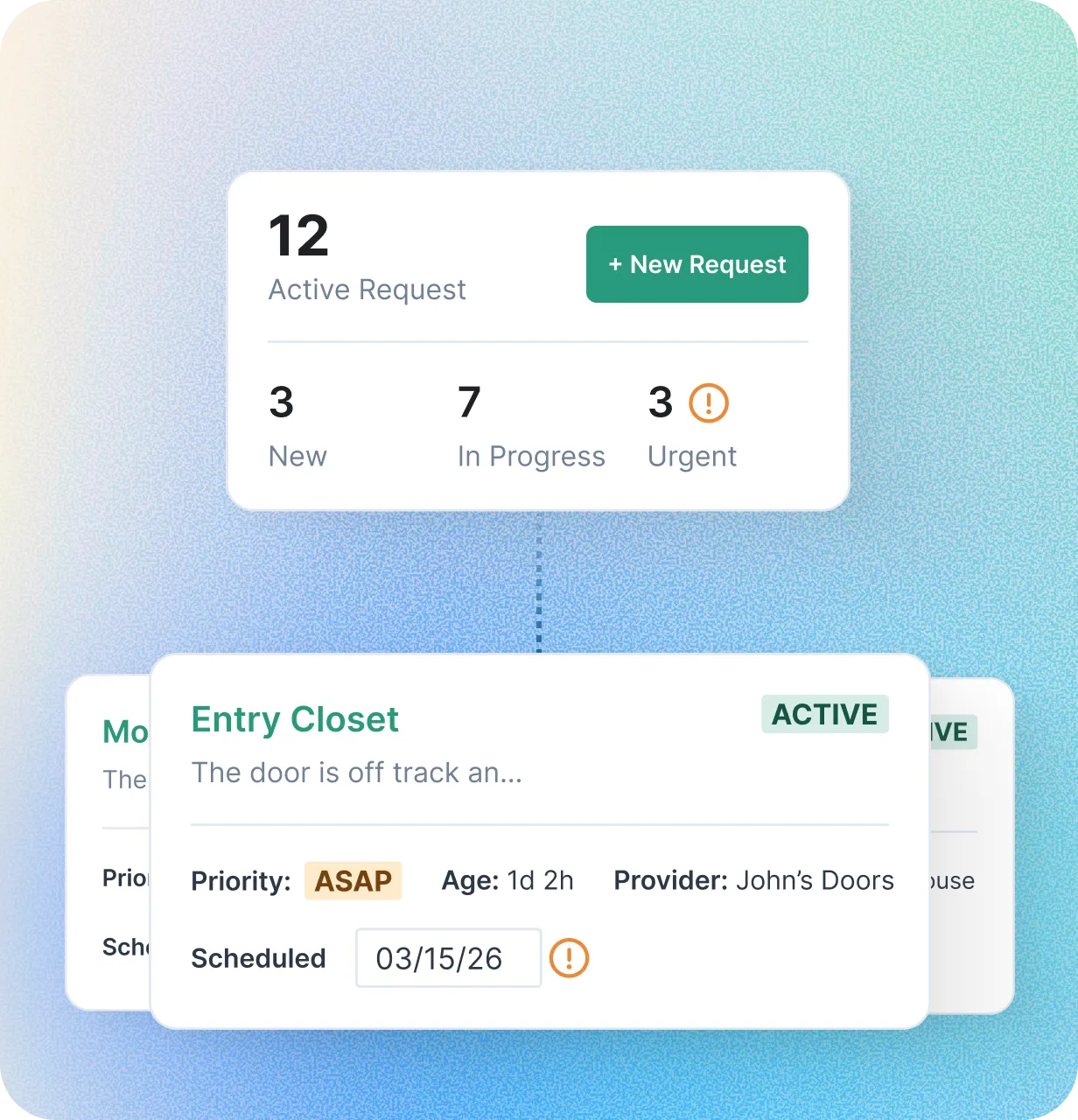 NetVendor service requests overview showing active, new, in-progress, and urgent requests alongside an ASAP priority work order with assigned vendor