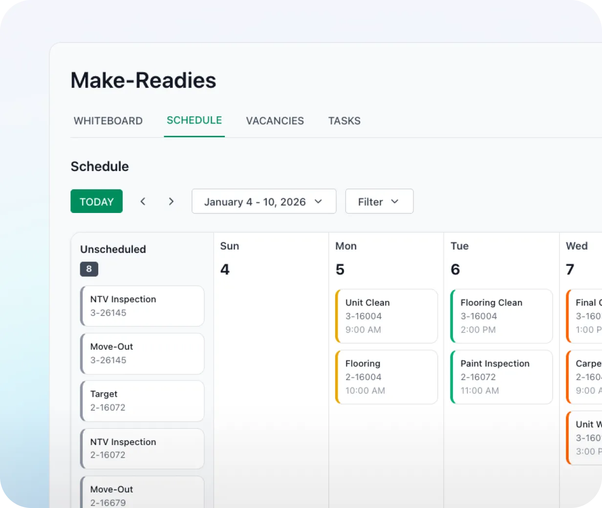 NetVendor make-ready schedule showing weekly unit turn tasks including inspections, cleaning, flooring, and installations across multiple units