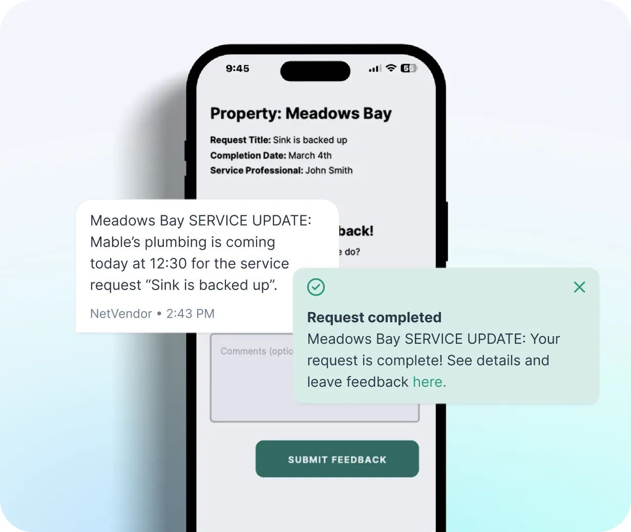NetVendor resident notifications showing automated SMS and in-app alerts for vendor arrival time and service request completion with feedback prompt
