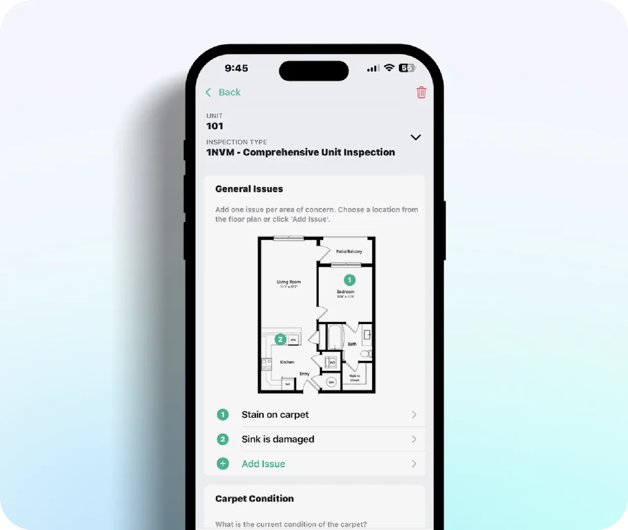 NetVendor mobile app showing a unit inspection with floorplan view for logging issues by location including carpet and sink damage