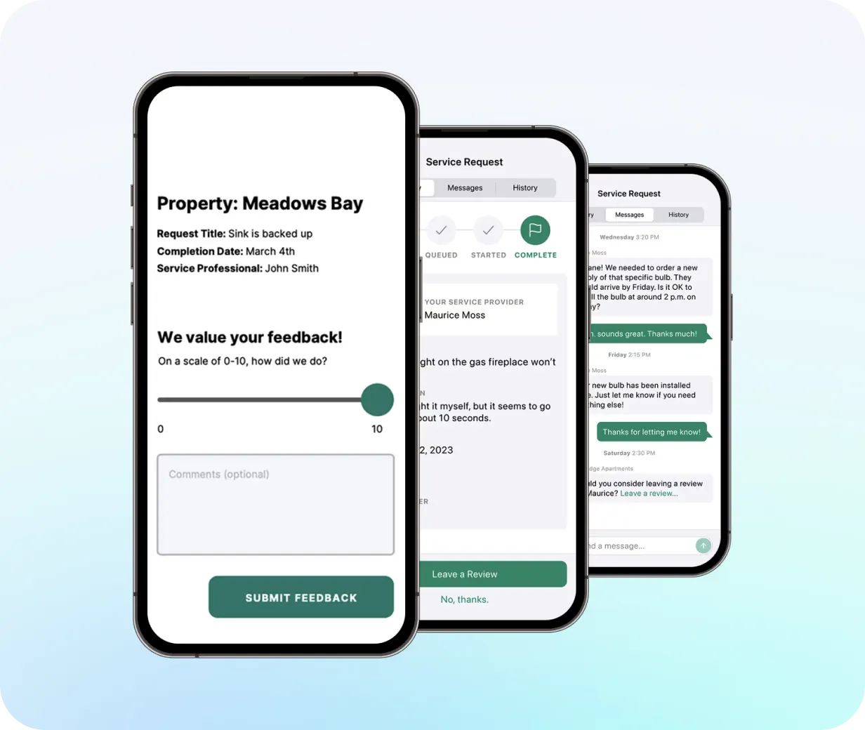 NetVendor mobile app showing resident service request workflow including real-time messaging with vendors, job status tracking, and post-completion feedback survey