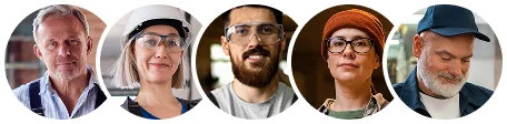 Five diverse professionals, including men and women, smiling in circular crop portraits.