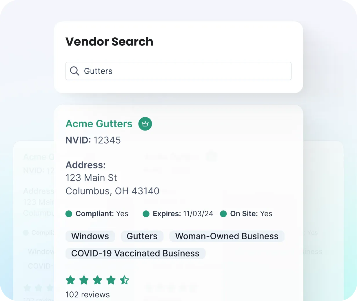 NetVendor vendor search result showing a preferred credentialed vendor with compliance status, services, DEI certifications, and customer ratings