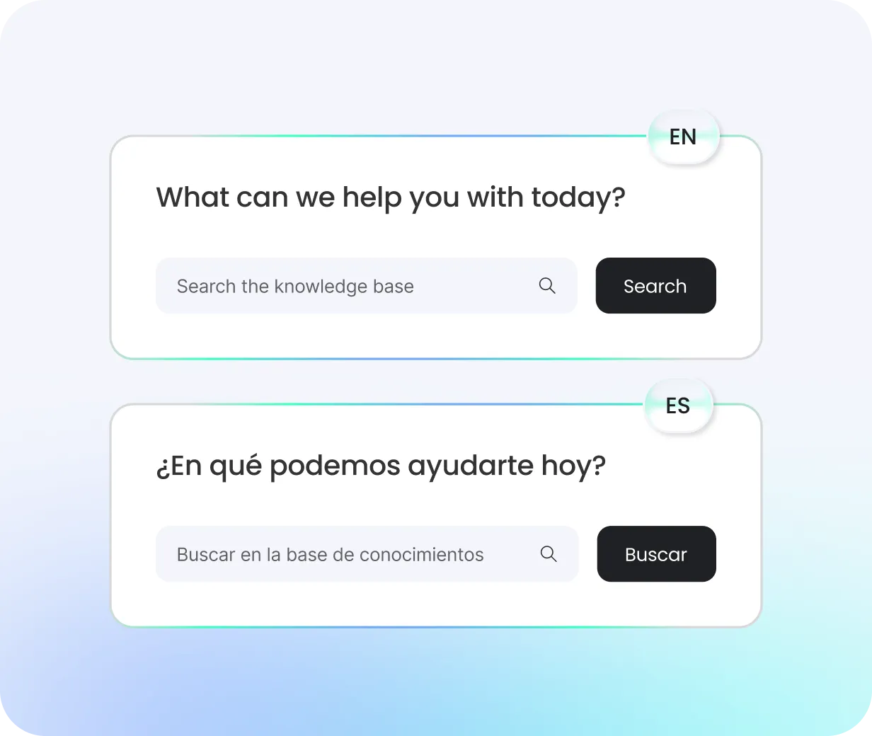NetVendor bilingual support portal showing English and Spanish knowledge base search for vendors and property managers