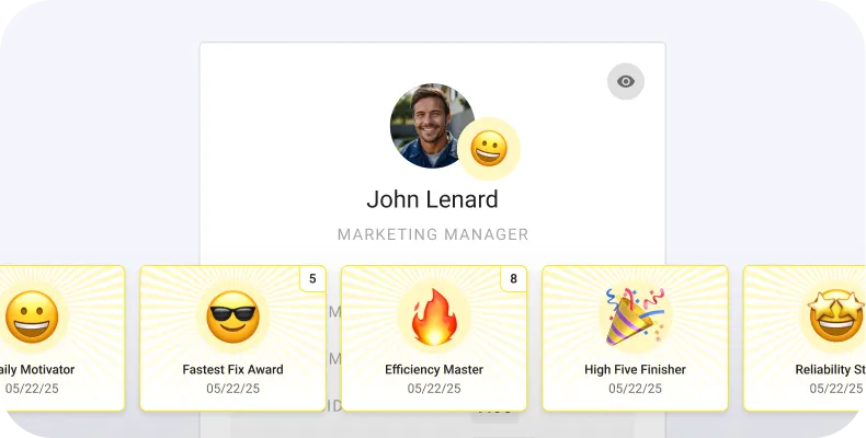 NetVendor employee recognition profile showing performance badges including Fastest Fix Award, Efficiency Master, and High Five Finisher