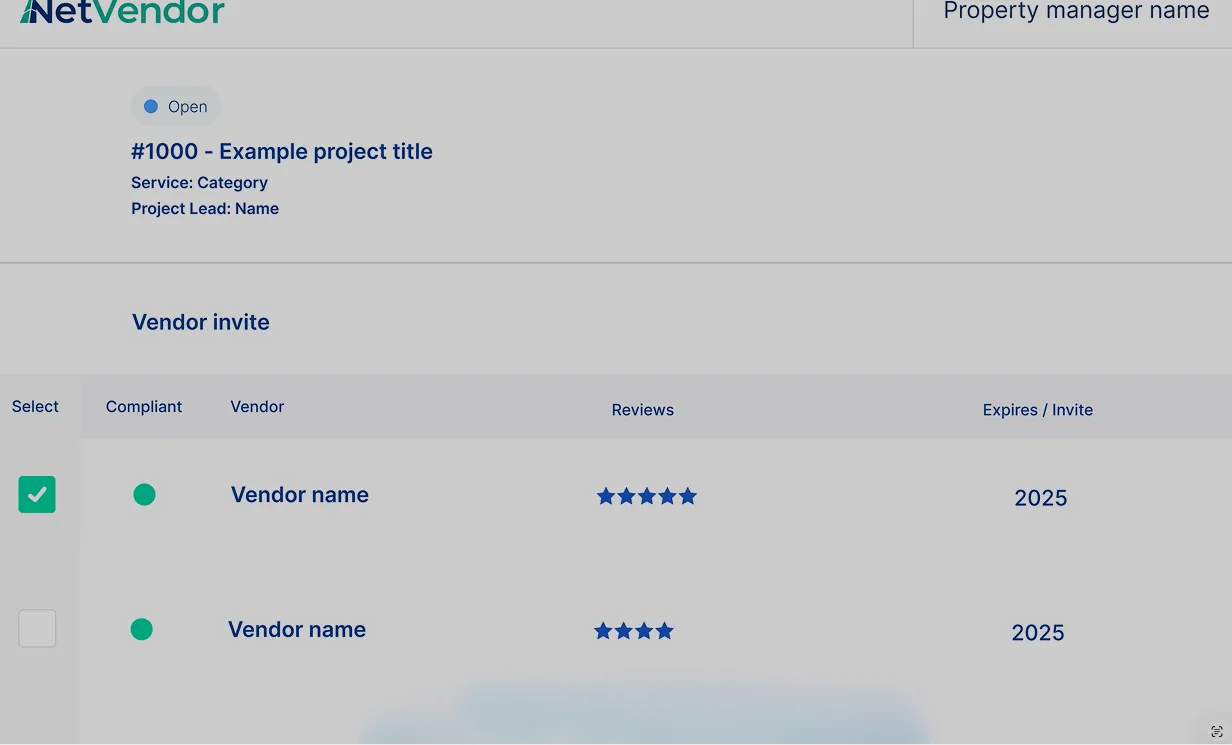 NetVendor vendor invite screen showing compliant vendors with ratings and expiration dates for selection on an open bid project