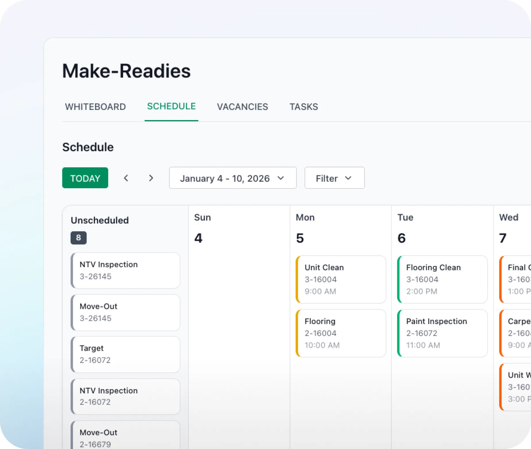 NetVendor make-ready schedule showing weekly unit turn tasks including inspections, cleaning, flooring, and installations across multiple units