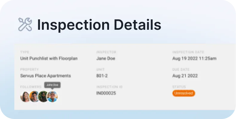 NetVendor inspection details showing unit punchlist type, inspector, property, due date, and unresolved status