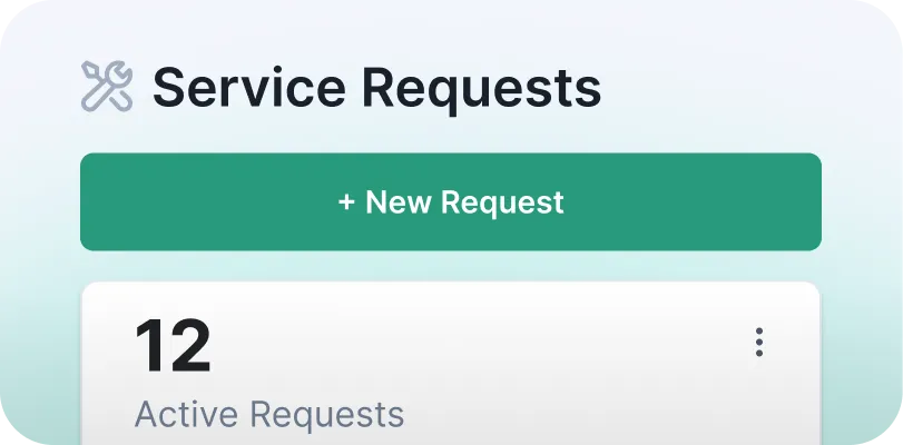 NetVendor service requests dashboard showing active maintenance requests with option to create a new request