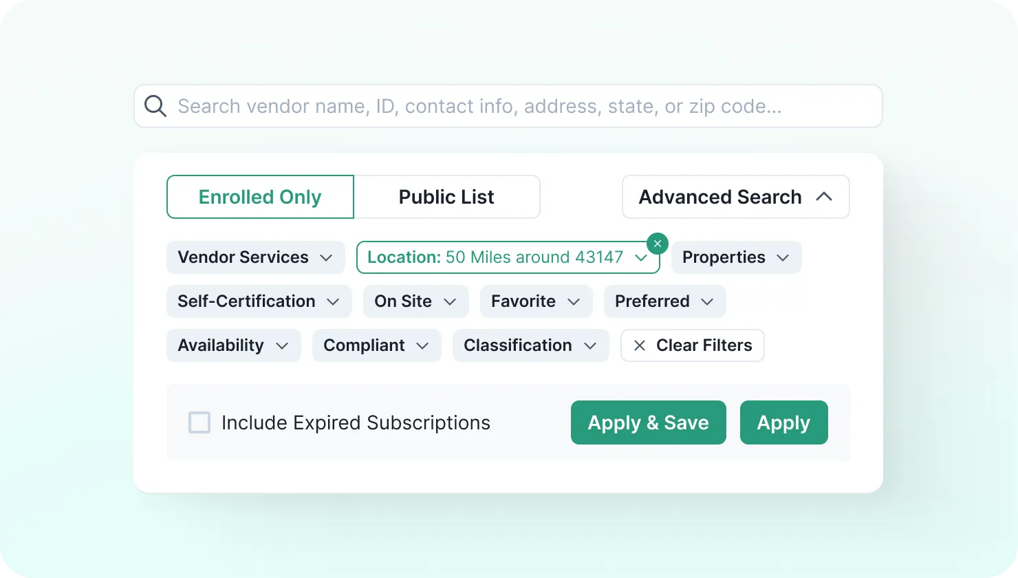 NetVendor vendor compliance audit showing W-9, background check, OFAC screening, COI verification, TIN matching, DEI status, and criminal record checks — all approved