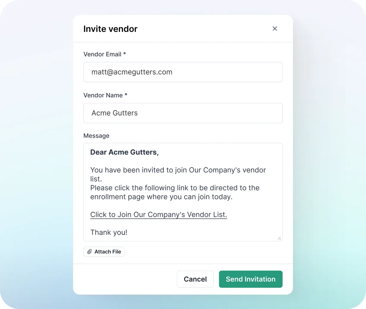 NetVendor vendor invitation form showing email, vendor name, and customizable message to invite a vendor to join a property management company's vendor list