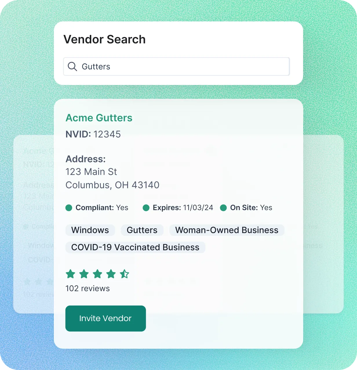 NetVendor vendor search results showing a credentialed vendor profile with compliance status, services, DEI certifications, and option to invite vendor
