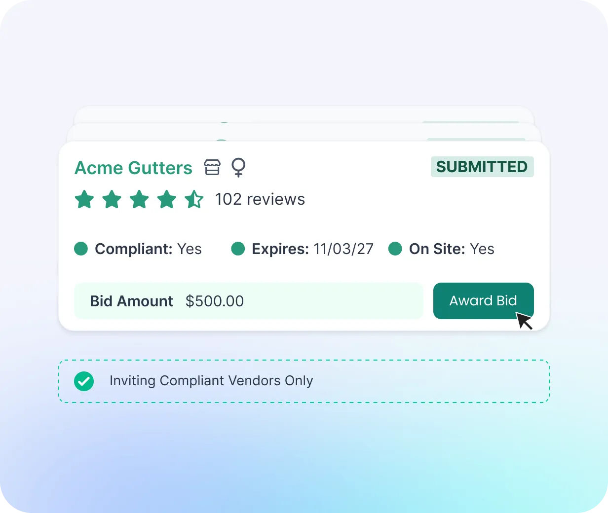 NetVendor bid submission card showing compliant vendor rating, bid amount, and option to award bid to compliant vendors only