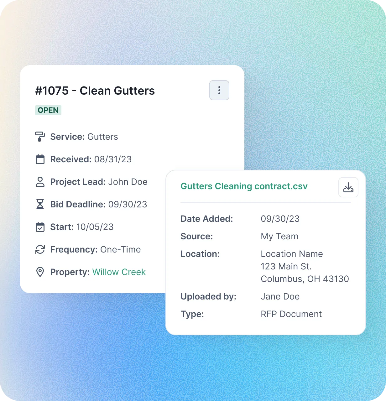 NetVendor bid request detail showing service type, timeline, project lead, and attached RFP contract document