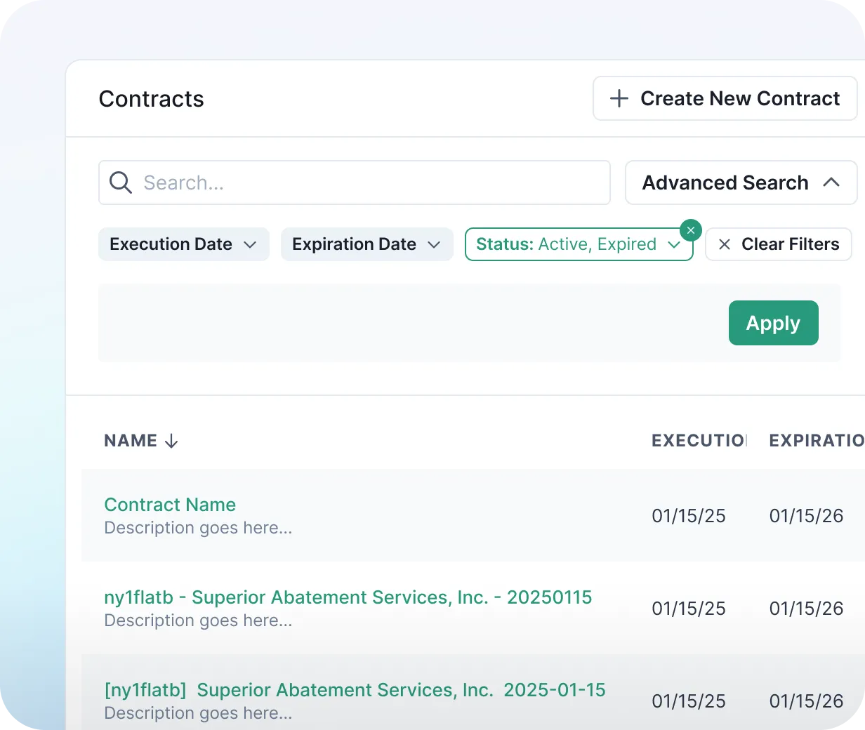 NetVendor contracts list with advanced search and filters for execution date, expiration date, and contract status