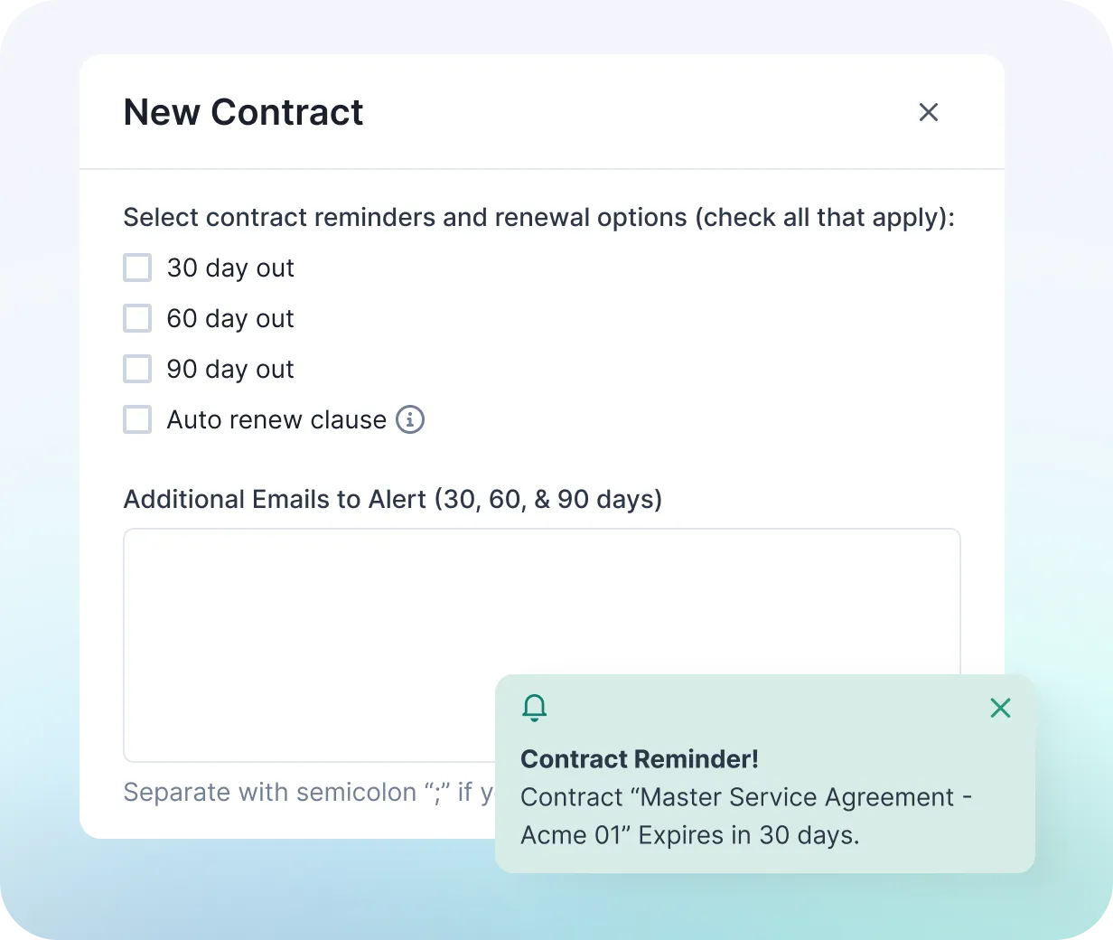 NetVendor contract renewal settings showing expiration reminder options and an automated 30-day contract expiration alert`