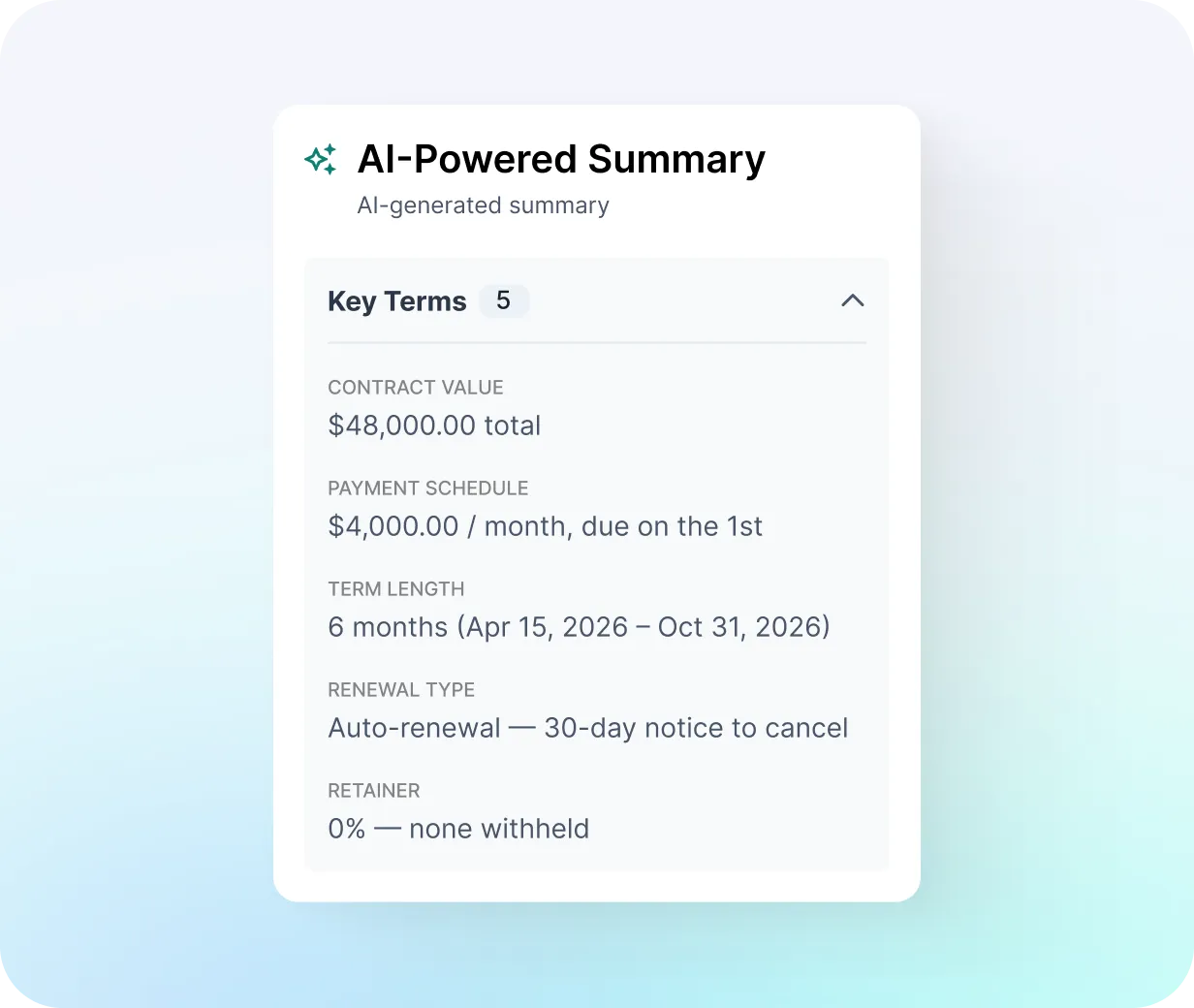 NetVendor AI contract processing workflow showing parsing, extracting, and validating stages across multiple vendor contracts11:55 AMClaude responded: NetVendor AI-powered contract summary showing key terms including contract value, payment schedule, term length, and renewal typeNetVendor AI-powered contract summary showing key terms including contract value, payment schedule, term length, and renewal type
