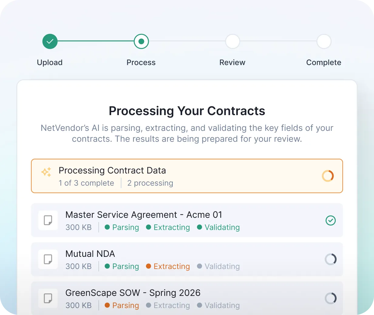 NetVendor AI contract processing workflow showing parsing, extracting, and validating stages across multiple vendor contracts
