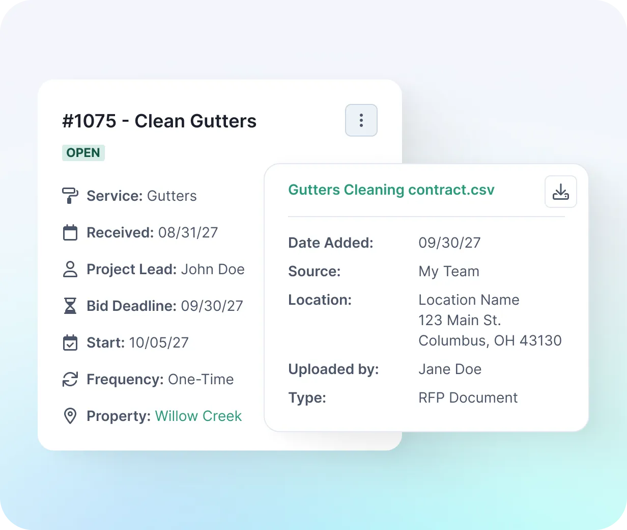 NetVendor bid request detail showing service type, timeline, project lead, and attached RFP contract document