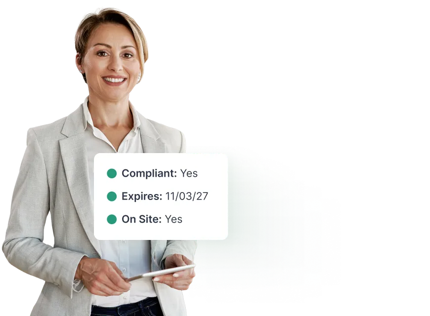 Property manager reviewing vendor compliance status in NetVendor — compliant, active, and on-site vendor confirmed