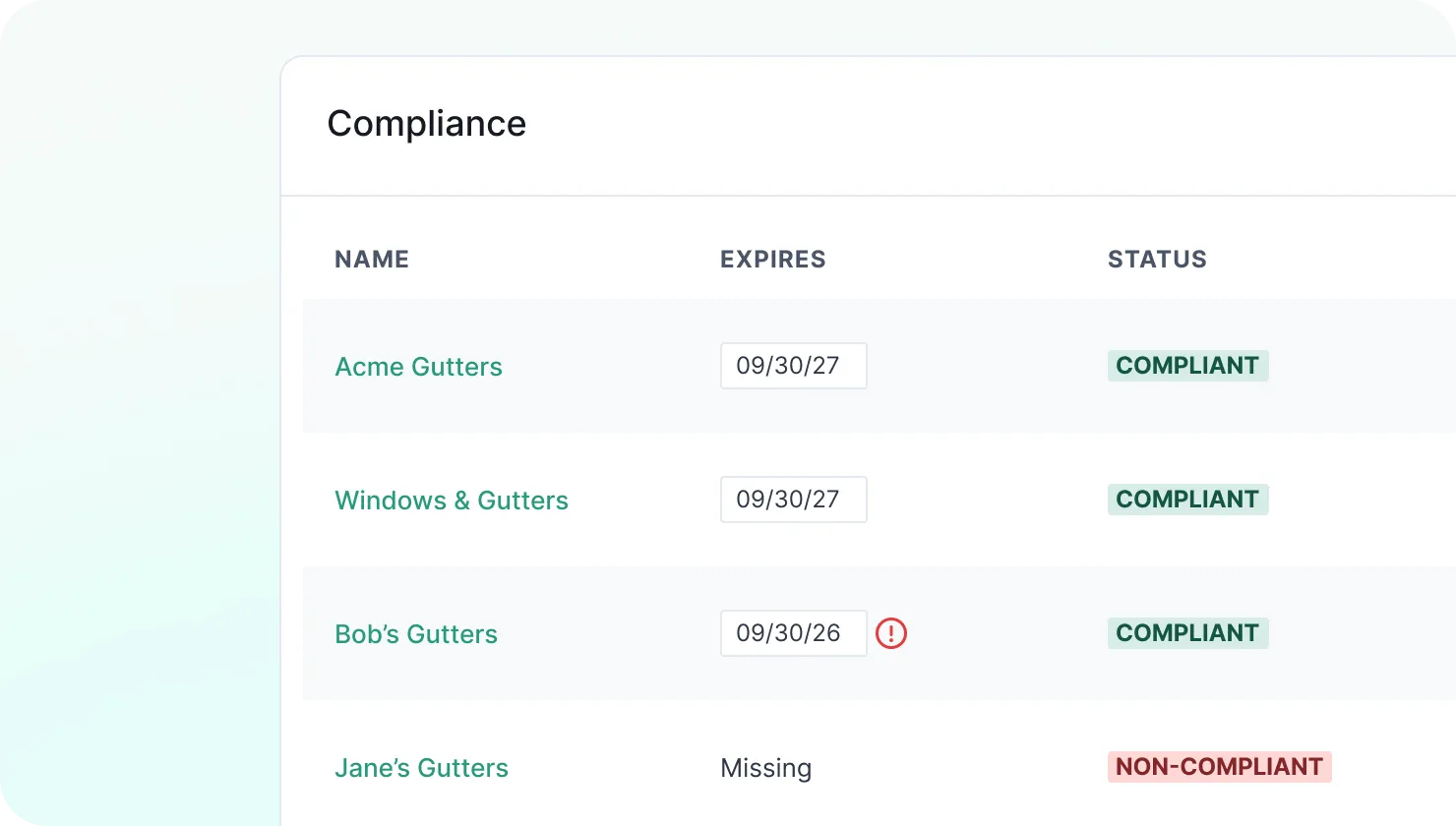 NetVendor bid request detail showing service type, timeline, project lead, and attached RFP contract document11:48 AMClaude responded: NetVendor compliance dashboard showing vendor COI expiration dates and compliance status including expiring and missing certificatesNetVendor compliance dashboard showing vendor COI expiration dates and compliance status including expiring and missing certificates