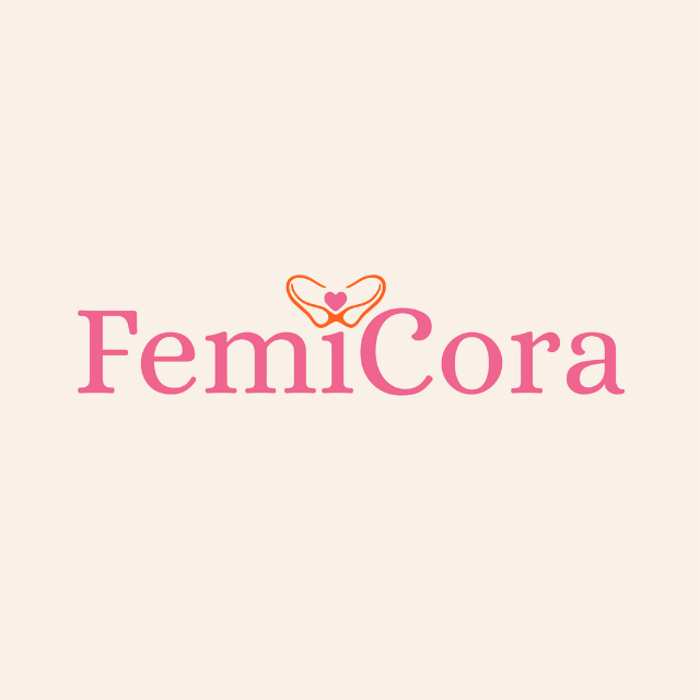 FemiCora logo with pink text and an orange stethoscope forming a heart shape around a small pink heart above the letter i. made by ALETRA