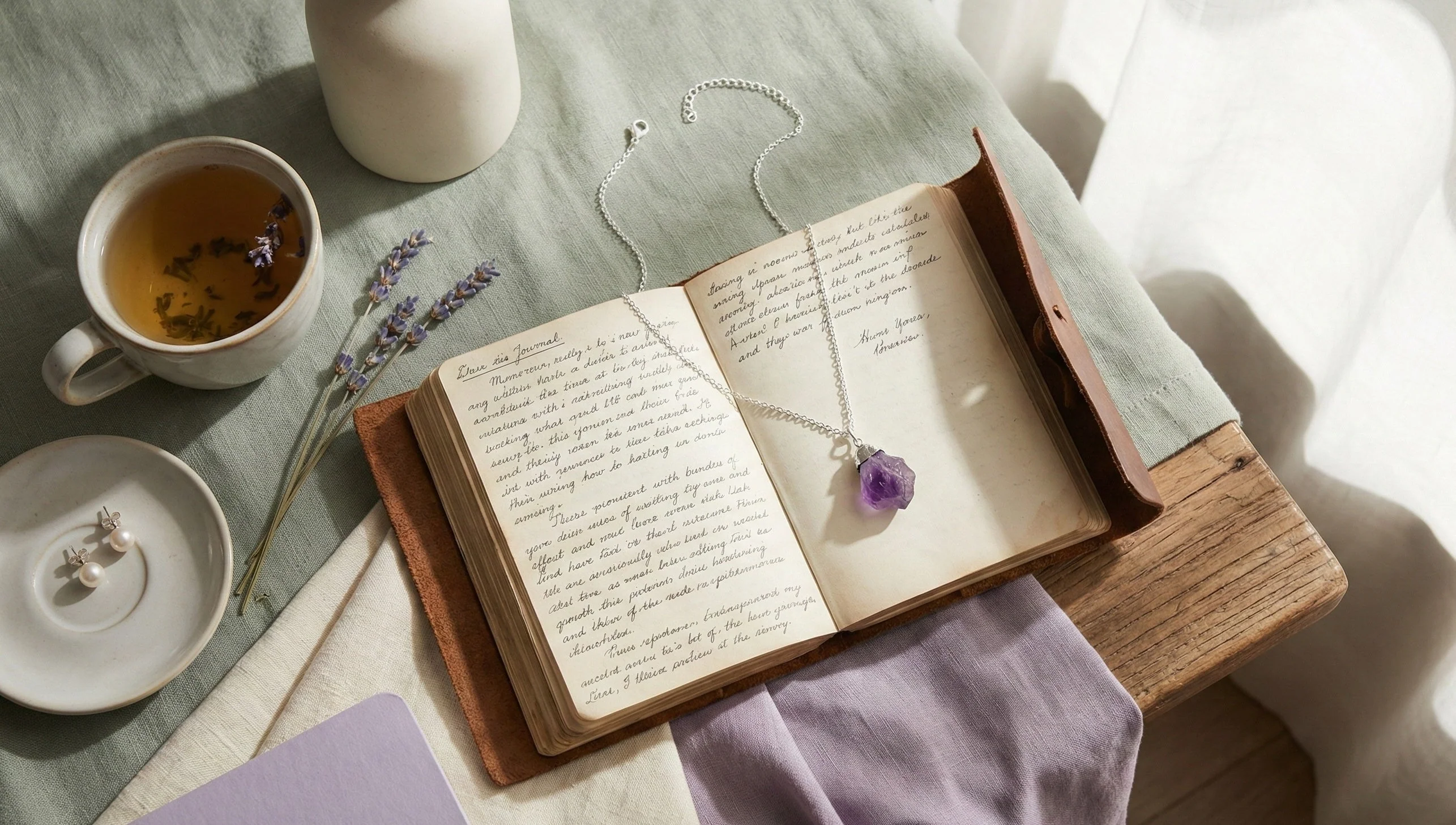 An INFJ-styled flat lay photograph featuring a raw amethyst necklace resting on an open vintage journal. Surrounding items include herbal tea, lavender sprigs, and pearl earrings set against sage green and violet fabrics in soft natural light.
