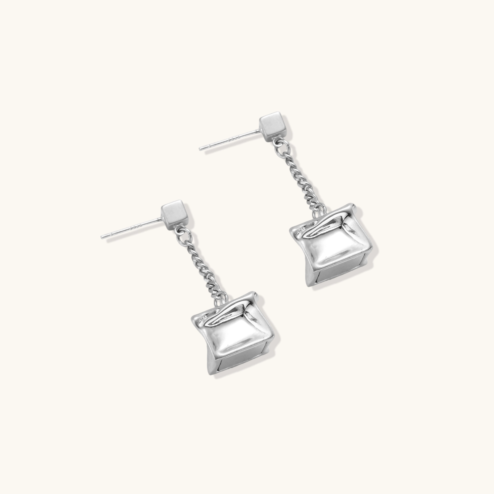 Modern geometric drop earrings with square stud posts, delicate chains, and textured square pendants in eco-zinc alloy