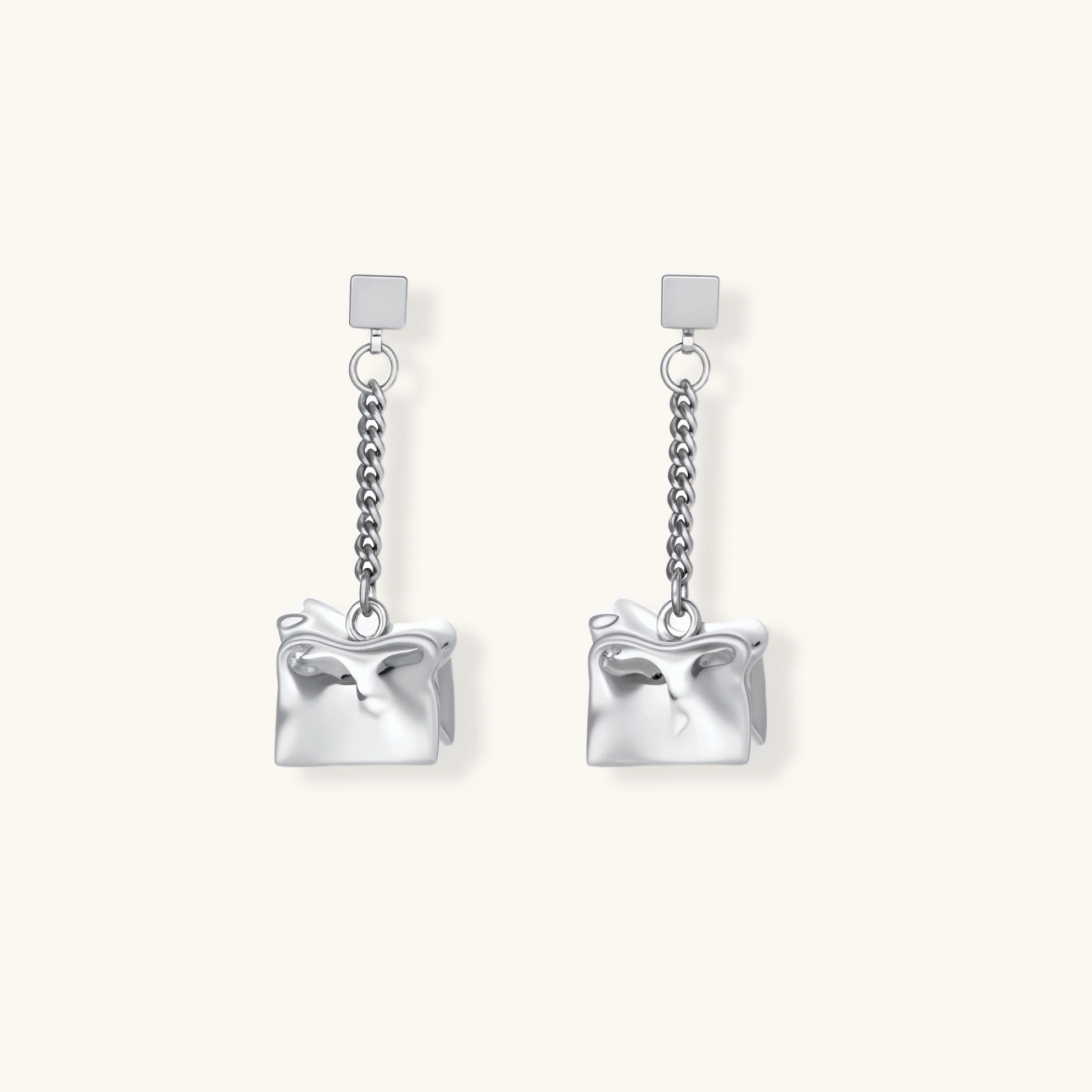 Modern geometric drop earrings with square stud posts, delicate chains, and textured square pendants in eco-zinc alloy