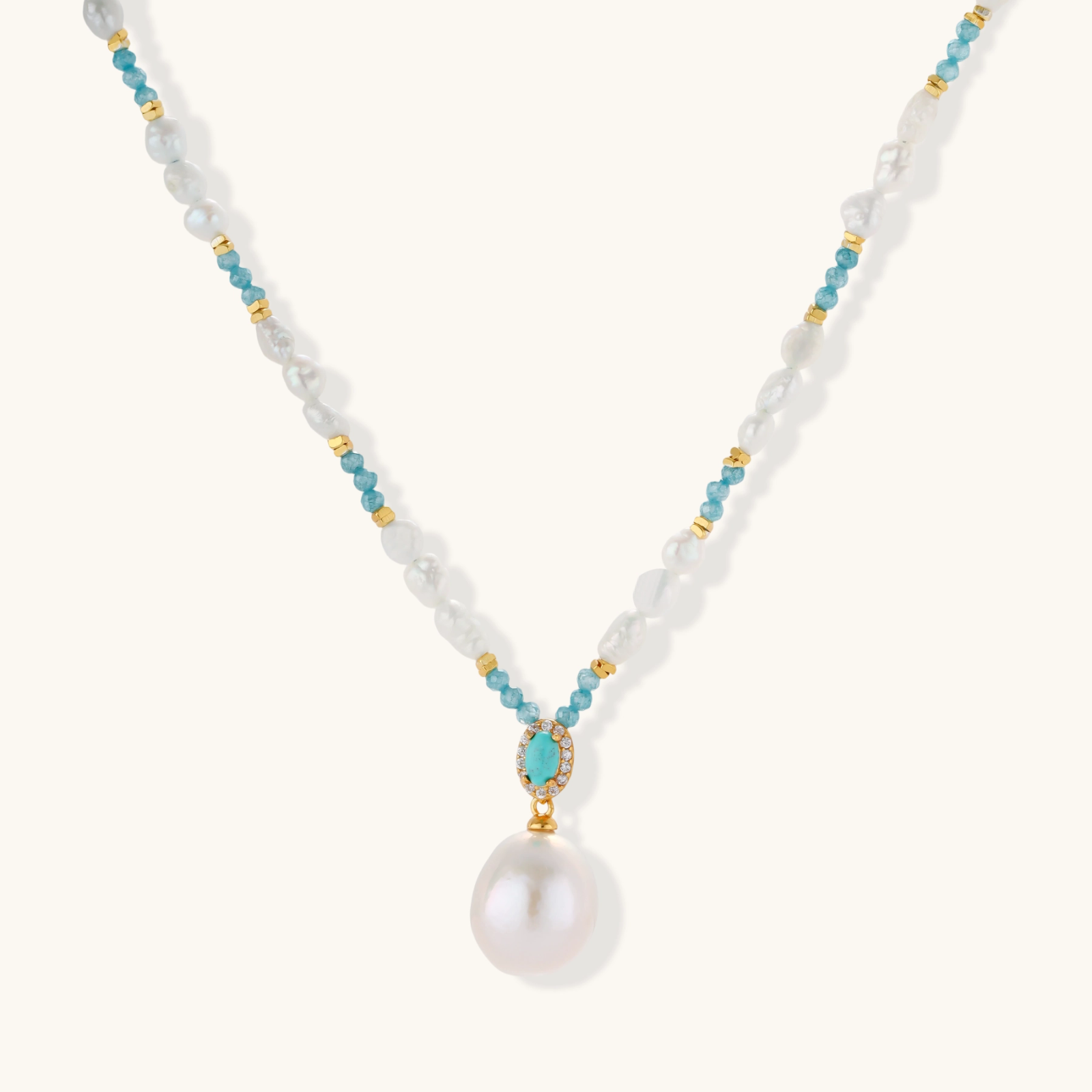 Beaded necklace with baroque pearls, turquoise stones, and gold accents featuring a large pearl pendant on white background.