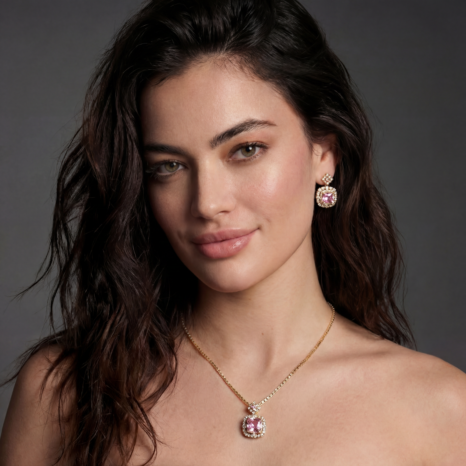 14K gold-plated jewelry set featuring square-cut cubic zirconia stones in ornate layered settings on white background.