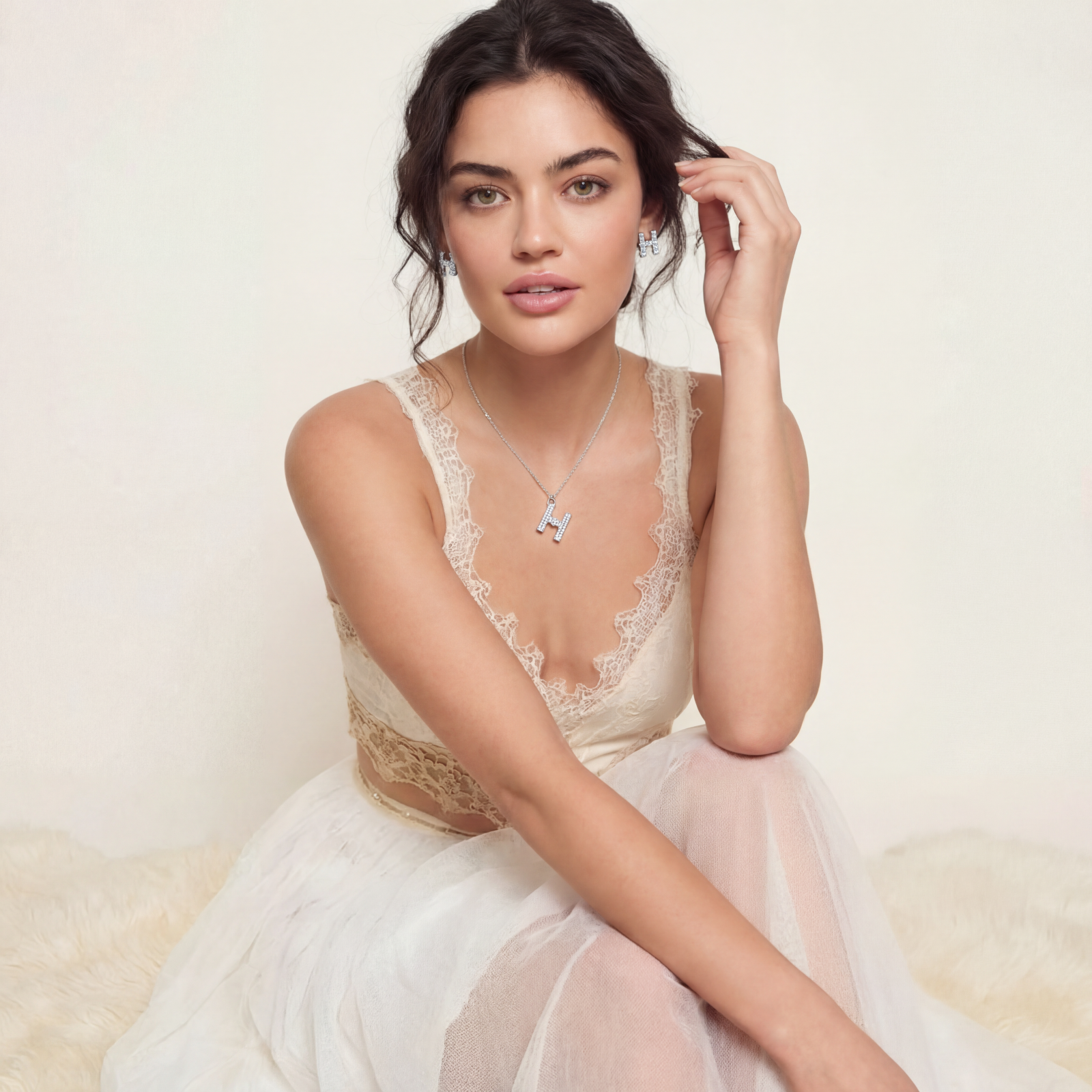 Letter H jewelry set featuring geometric crystal design in gold and white gold plated finish with adjustable chain necklace