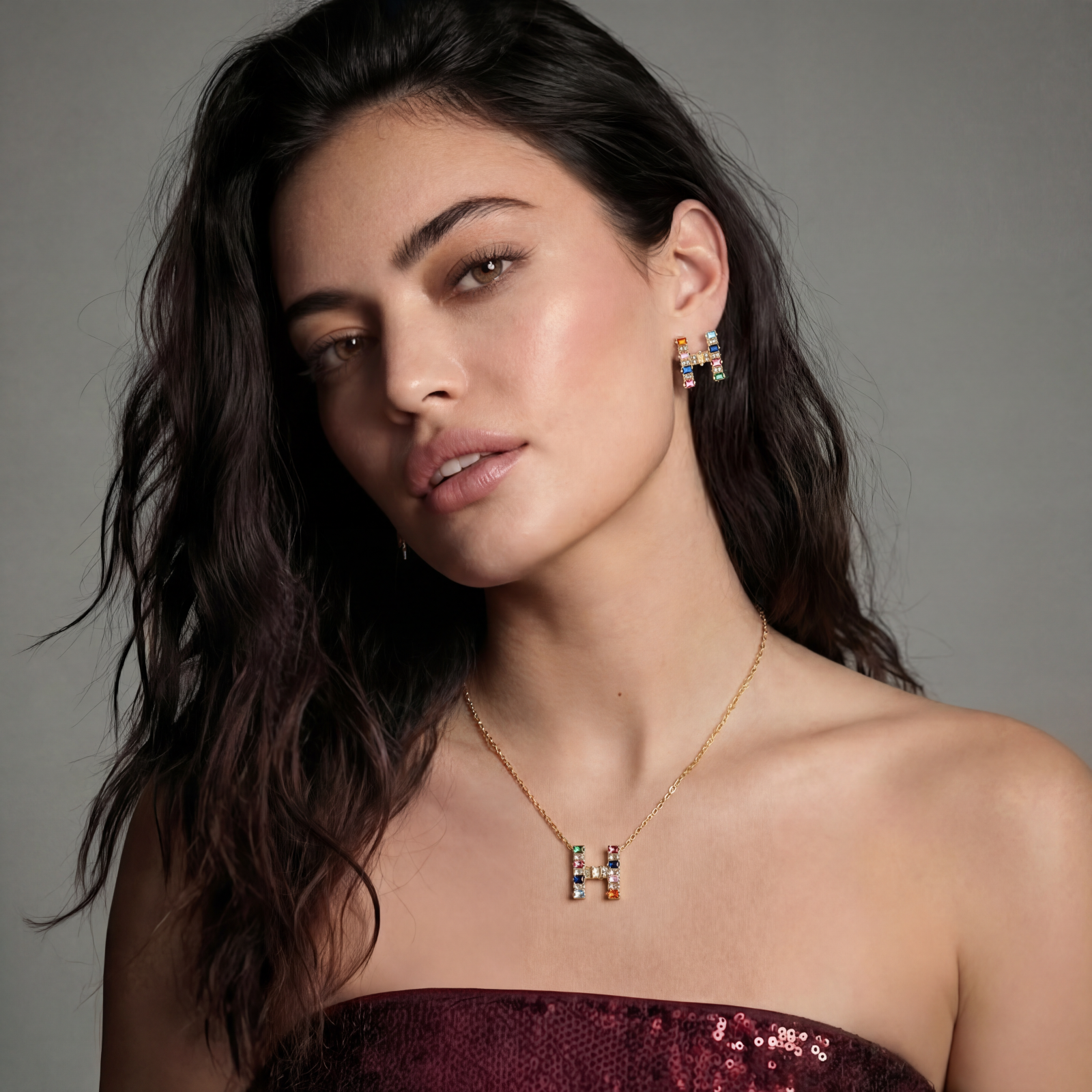 Letter H jewelry set featuring geometric crystal design in gold and white gold plated finish with adjustable chain necklace